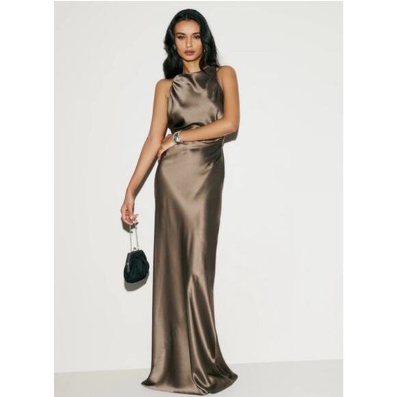 Reformation Anaiis Silk Dress Size 2 – Morel Brown Green Neutral Cowl Maxi EUC - Picture 1 of 9